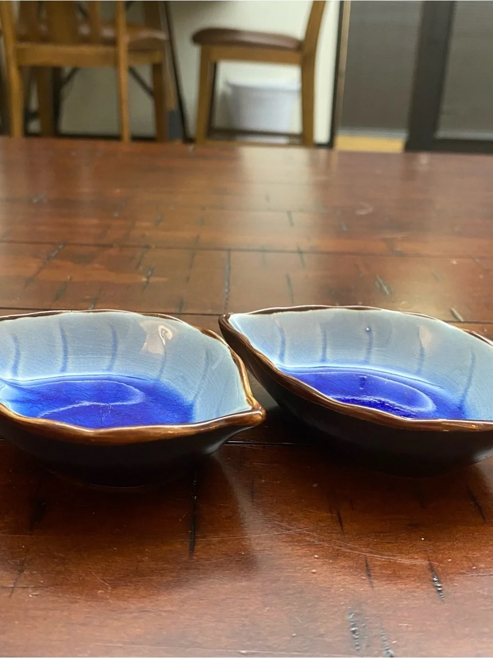 Pair Small Blue Ceramic Leaf Dishes - Sushi/Soy Sauce or Trinket Dish